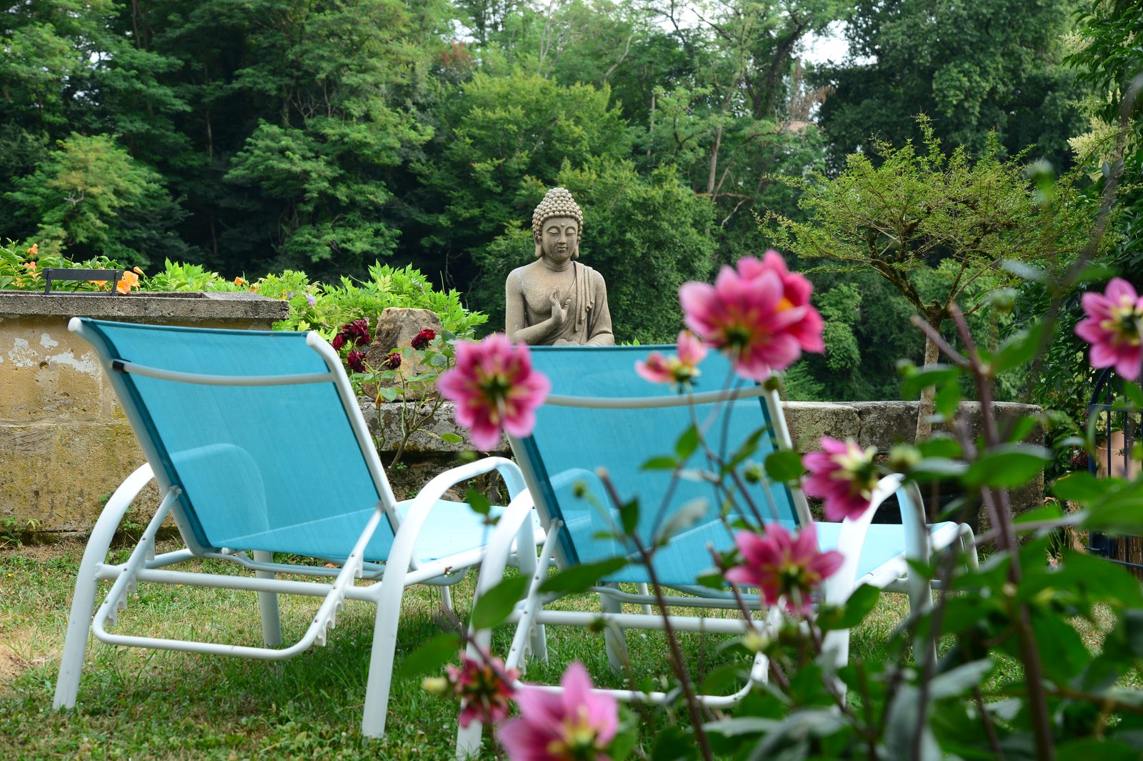 Deux transats bleus au jardin devant la statue de Bouddha, fleurs roses au premier plan